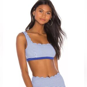 MARYSIA SWIM S Reversible Palm Springs Sporty Bikini Top in Blue Gingham & Blue